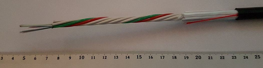 Cross-section of a fiber-optic cable with coloured fibers