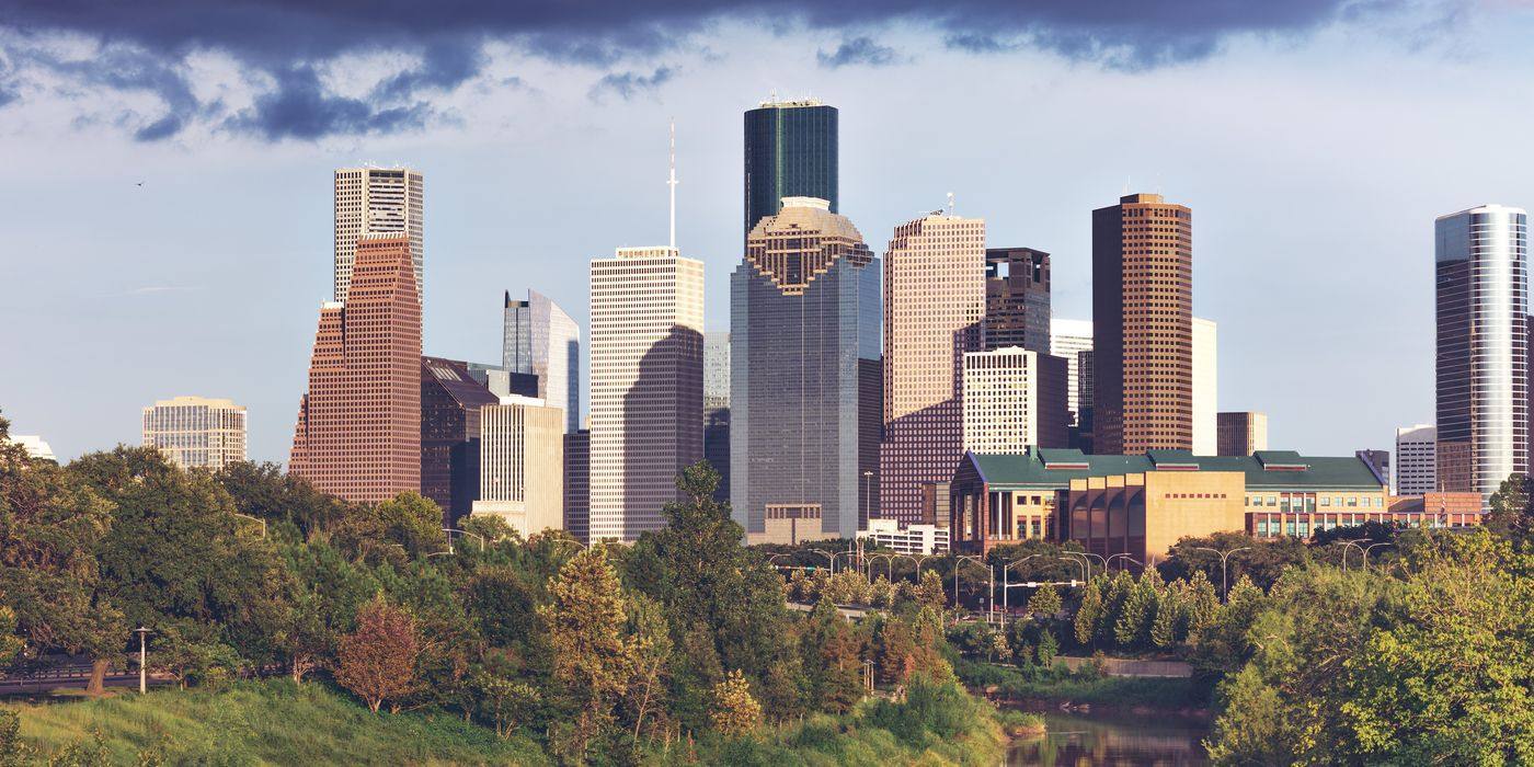 Downtown Houston skyline seen from the west over Buffalo Bayou