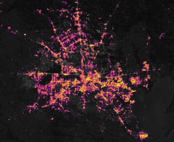 Houston at night on February 16, 2021, with large areas dark during the blackout