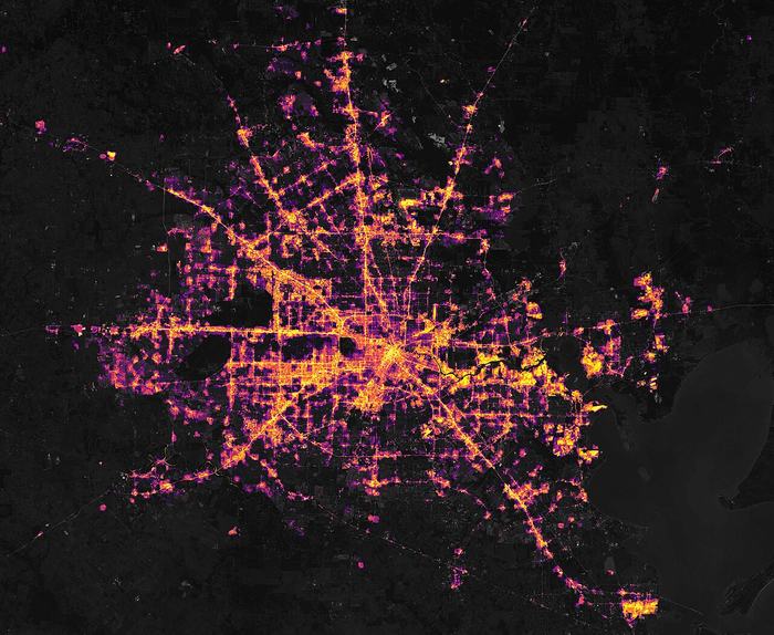 Houston at night on February 7, 2021, with the city fully lit