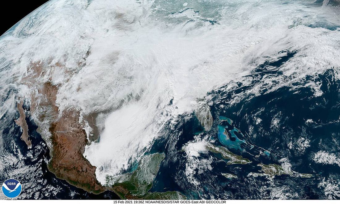 Satellite image of Winter Storm Uri covering Texas and the central United States on February 15, 2021